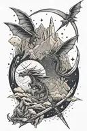 two crossed arrows, small dragons flying, fantasy scene, mountain and stars,, crescent moon, swords,  tattoo design idea