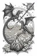 two crossed arrows, small dragons flying, fantasy scene, mountain and stars,, crescent moon, swords,  tattoo design idea