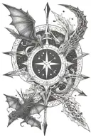 two crossed arrows in centre, three small dragons flying, fantasy scene, mountain and stars,, crescent moon, feminine  tattoo design idea