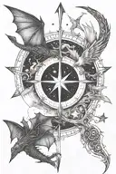 two crossed arrows in centre, three small dragons flying, fantasy scene, mountain and stars,, crescent moon, feminine  tattoo design idea