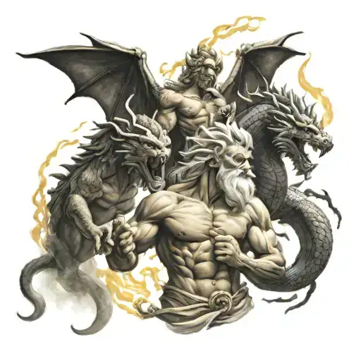 Zeus, Gargon Medusa and dragon with lightning in their hands tattoo design idea