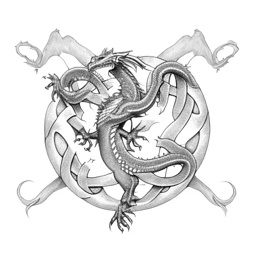 Dragon as ourborous eating its tail holding a spiral triskelion Celtic knot tattoo design idea