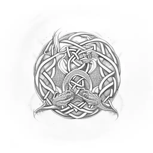 European dragon made of Celtic knots as a ouroboros holding a spiral triskelion tattoo design idea