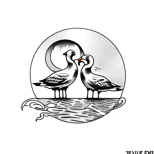 Seagull couple Sunset Heart and thumbs up tattoo design idea