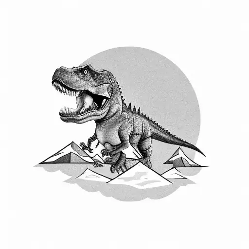 A black-grey tattoo of a T-Rex playing a guitar on top of a mountain tattoo design idea