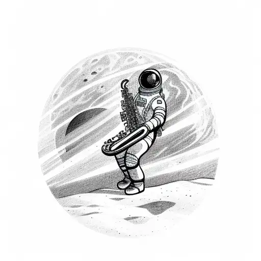 A sketch of a astronaut playing a saxophone on a lunar landscape tattoo design idea