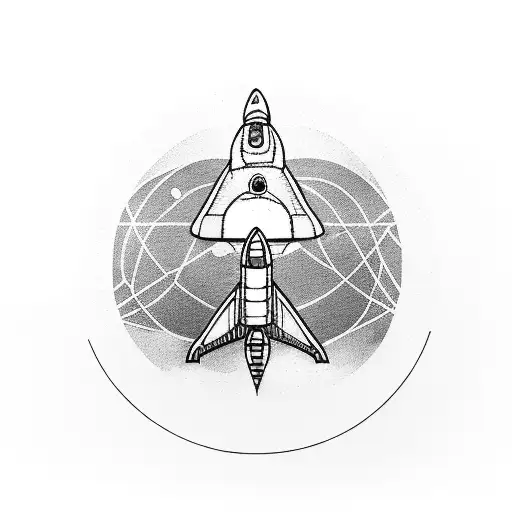 A blackwork tattoo of a space shuttle orbiting around a vinyl record tattoo design idea