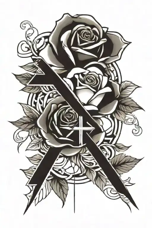 rose, cross, ribbon tattoo design idea