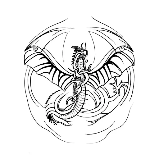 A minimalist tattoo design of a dragon and butterfly intertwined to represent the balance between strength and beauty tattoo design idea