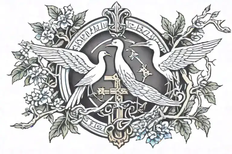 date 1970 and 1964 with a cross of jesus in the middle which has a stork's nest on a branch tattoo design idea