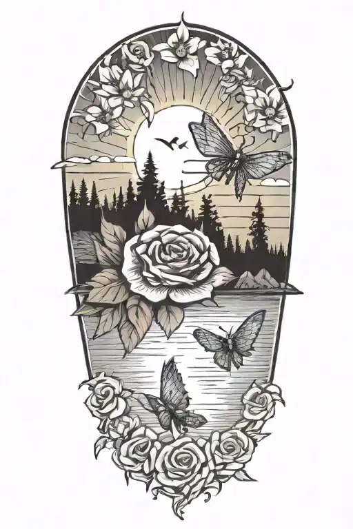 Sunset over lake, Praying Hands centered with roses and sunflowers, dragonflies and butterflies, rainbow  tattoo design idea