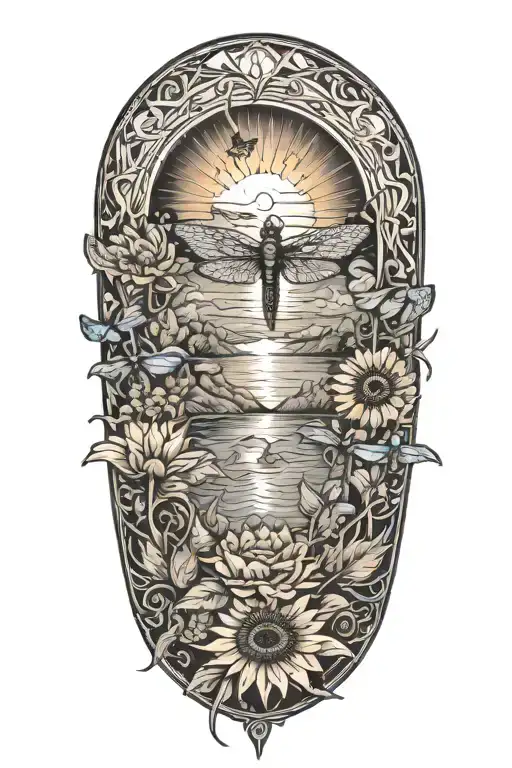 Sunset over lake, Praying Hands centered with roses and sunflowers, dragonflies and butterflies, rainbow  tattoo design idea