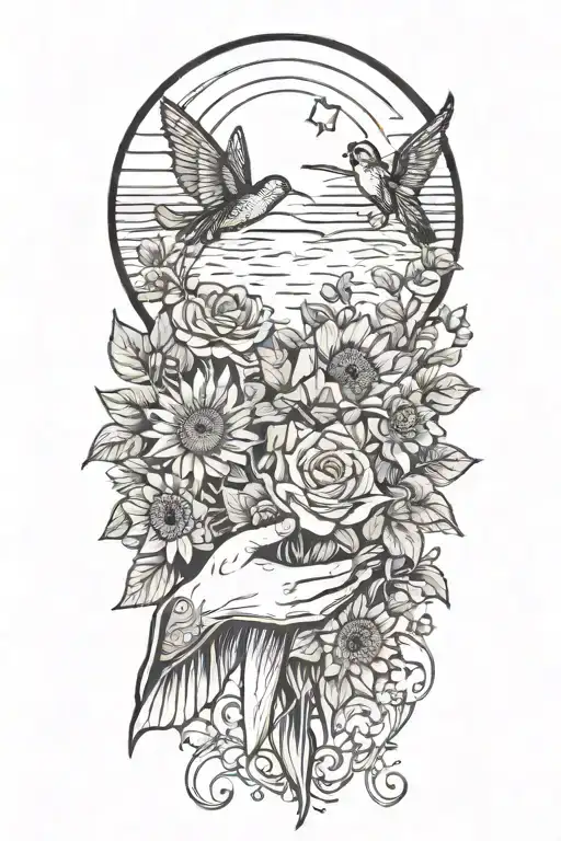 Praying hands, holding a bouquet  Roses and sunflowers, dragonflies and butterflies at a peaceful lake with a sunset  tattoo design idea
