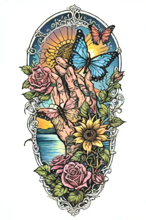 Praying Hands surronded by sunset over lake with roses and sunflowers, dragonflies and butterflies, rainbow  tattoo design idea