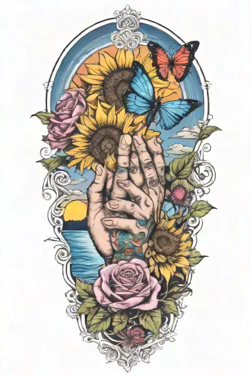 Praying Hands surronded by sunset over lake with roses and sunflowers, dragonflies and butterflies, rainbow  tattoo design idea