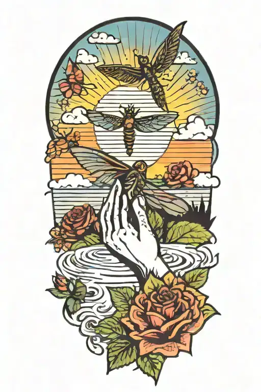 Sunset over lake, Praying Hands centered with roses and sunflowers, dragonflies and butterflies, rainbow  tattoo design idea