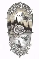 Sunset over lake, Praying Hands centered with roses and sunflowers, dragonflies and butterflies, rainbow  tattoo design idea