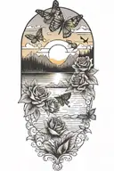 Sunset over lake, Praying Hands centered with roses and sunflowers, dragonflies and butterflies, rainbow  tattoo design idea