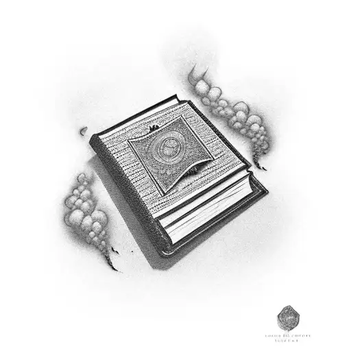 A dotwork tattoo of a book with smoke coming out of it, symbolizing the power of knowledge and studying tattoo design idea