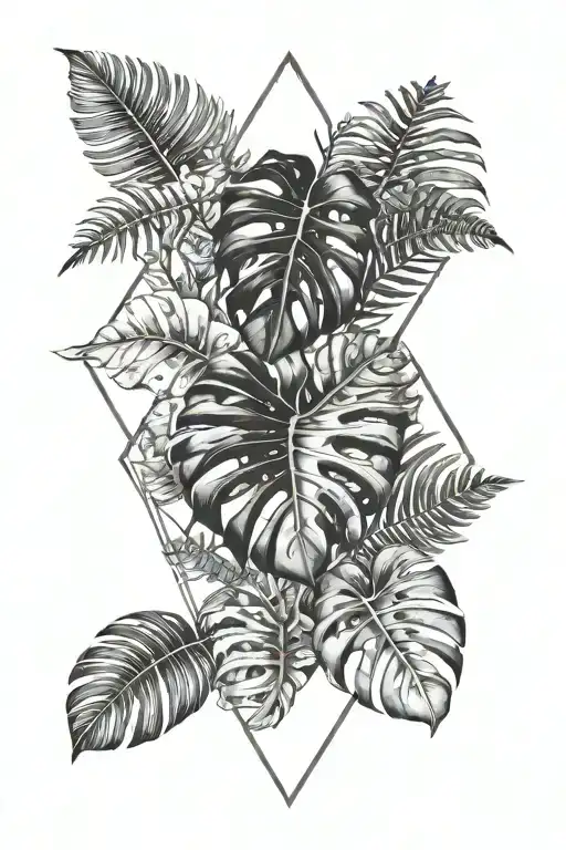 monstera leaves with a few ferns sticking out. a diamond shaped line outlining the design tattoo design idea