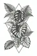 Monstera Leaves With A Few Ferns 4JPdcf9kJbvyNrG8p3BsWy Blackwork Tattoo -  BlackInk AI