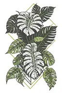 diamond shaped line around monstera leaves and ferns sticking out tattoo design idea