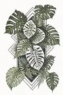 diamond shaped line around monstera leaves and ferns sticking out tattoo design idea