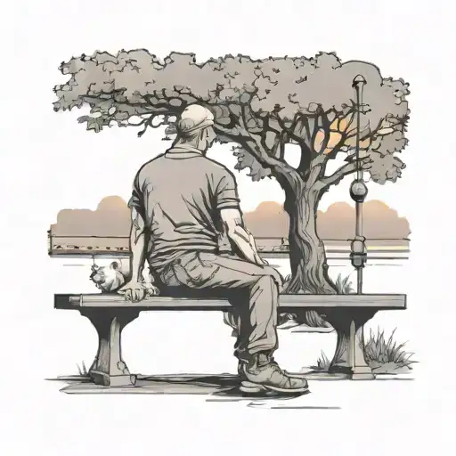 Man under a great oak tree sitting on a park bench with his dog watching the sunset. Add some fragmentation on the right tattoo design idea