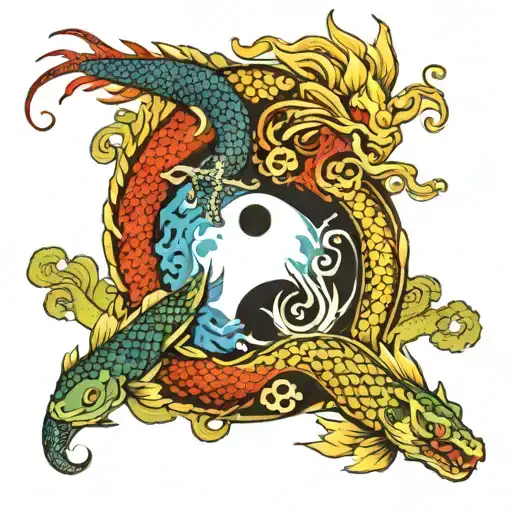 Yin Yang with yin as a dragon breathing fire and Yang as a fish in a pond tattoo design idea