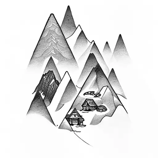 three mountains with a cabin and a stream tattoo design idea