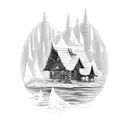 three mountains with a cabin and a stream tattoo design idea