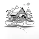 three mountains with a cabin and a stream tattoo design idea