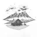 three mountains with a cabin and a stream tattoo design idea