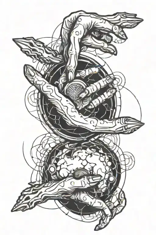 the fingers of Adam and God separated with an atom in the middle tattoo design idea