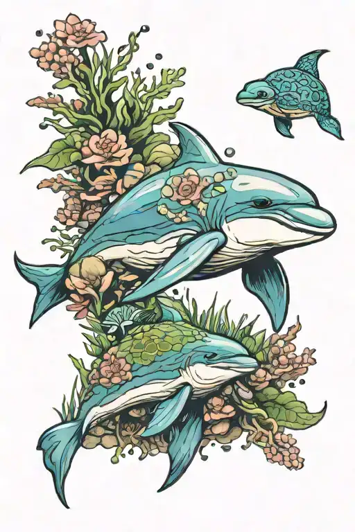 dolphin and turtles in coral reef tattoo design idea