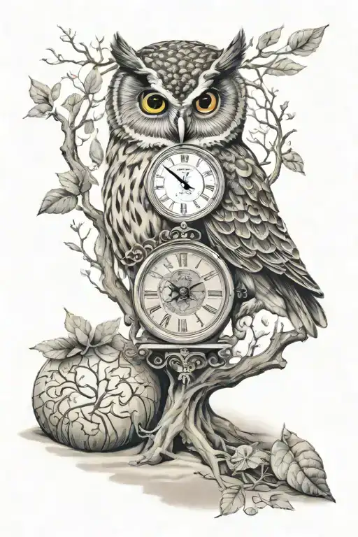 owl with sand clock and the life tree inside instead of sand  tattoo design idea