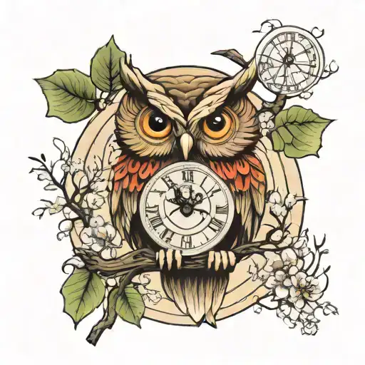 owl with sand clock and the life tree inside instead of sand  tattoo design idea