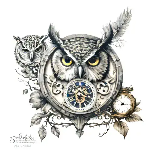 owl with sand clock and the life tree inside, with an amateratsu inside of owls eyes tattoo design idea