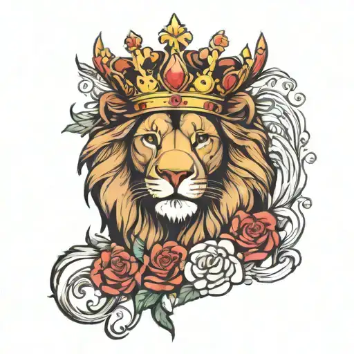 Stern Full Body Lion with Crown and Rose tattoo design idea