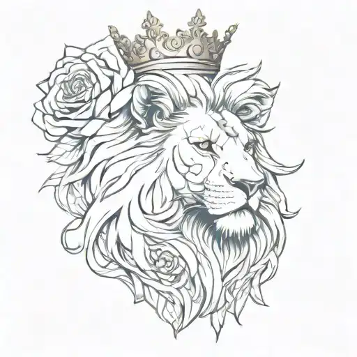 Stern Lion with Crown and Rose tattoo design idea