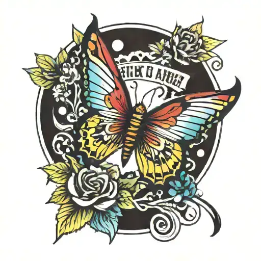 Rainbow with a yellow butterfly and red cardinal under it with lettering saying even pain hides a lesson tattoo design idea
