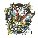 Rainbow with a yellow butterfly and red cardinal under it with lettering saying even pain hides a lesson tattoo design idea