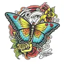 Rainbow with a yellow butterfly and red cardinal under it with lettering saying even pain hides a lesson tattoo design idea