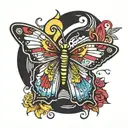 Rainbow with a yellow butterfly and red cardinal under it with lettering saying even pain hides a lesson tattoo design idea
