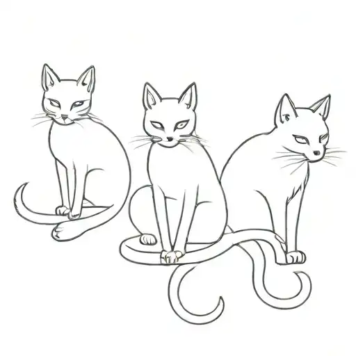 minimalist tattoo with 3 cats side by side, one tailless, one hairy and one masked.  tattoo design idea
