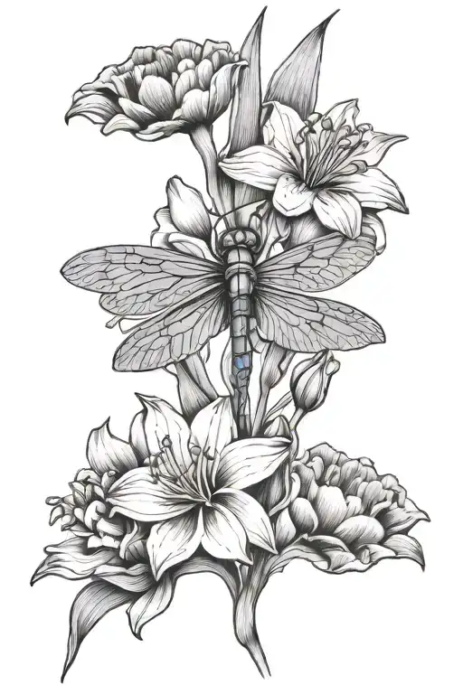 carnation daffodil violet flowers and dragonfly tattoo design idea
