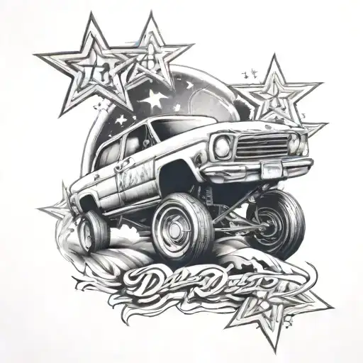 memorial for dad depicting a car, football surronded by stars tattoo design idea