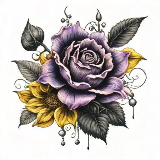 Give me a tattoo containing a yellow sunflower, a black rose, a purple orchid all surrounded by a rosary. tattoo design idea