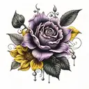 Give me a tattoo containing a yellow sunflower, a black rose, a purple orchid all surrounded by a rosary. tattoo design idea