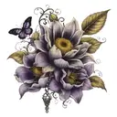 Give me a tattoo containing a yellow sunflower, a black rose, a purple orchid all surrounded by a rosary. tattoo design idea
